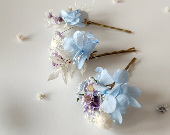 Baby blue hairpins Dried flowers hair pins Boho wedding Hydrangea hairpins Bridal hair Magaela Flower hair Vintage Cottagecore wedding