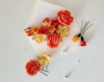 Summer wedding Bridal hairstyle accessory Orange Yellow flowers Summer design Boho wedding Set of hairpins Bridal hairpins Bride to be