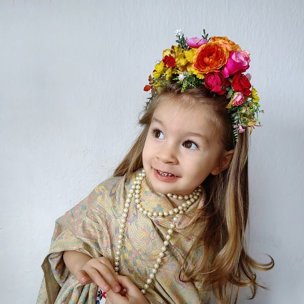 Kids fuchsia flower headband Frida Kahlo hair crown Colourful wedding hairband Orange Yellow wedding crown Mexican Day of the Dead Halloween