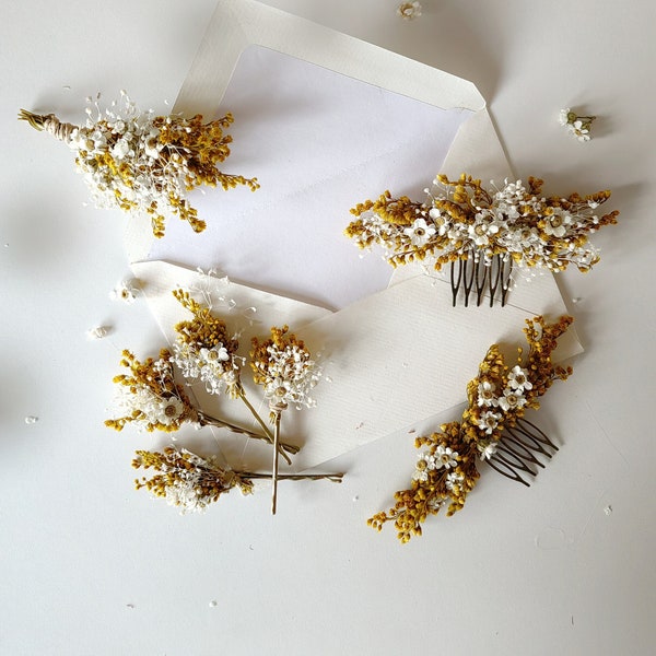 Ochre and cream accessories Rustic wedding Summer wedding Cottagecore Vintage wedding Flower hair comb Boutonniere Bridal hairpins Magaela