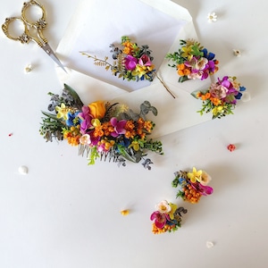 Colorful flower accessories Bridal jewellery Summer wedding Wild flowers Meadow bridal set Jewellery Flower headpiece Bridal hair accessory