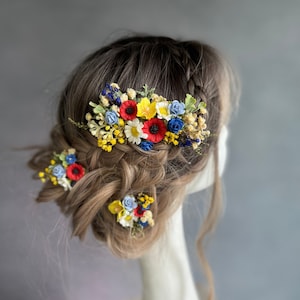 Folk meadow flower hair comb and hairpins Poppy flower Daisy wedding hairpin Colourful summer wedding flower comb Bridal accessories Magaela