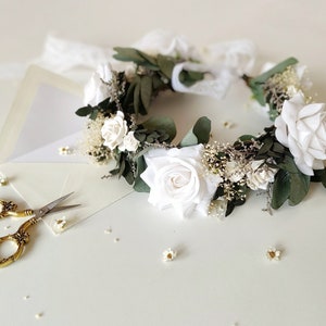 Eucalyptus bridal hair wreath Eucalyptus and white roses crown Greenery wedding Boho flower crown Fairycore Flower boho wreath Bride to be image 1