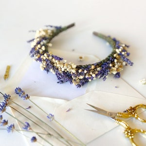 Lavender headband Lavender and baby&#39;s breath headpiece Bridal flower crown Provence wedding Natural wedding Preserved flower headband Bride