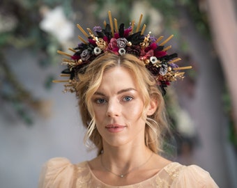 Burgundy halo crown with anemones Flower headpiece for bride Photoshoot halo crown Spiked Sun crown Gothic wedding Met gala crown Magaela