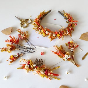Rustic autumn wedding Burnt orange flowers Preserved flower Autumn wedding Fall headpiece Bridal hair accessory Natural wedding Bride to be