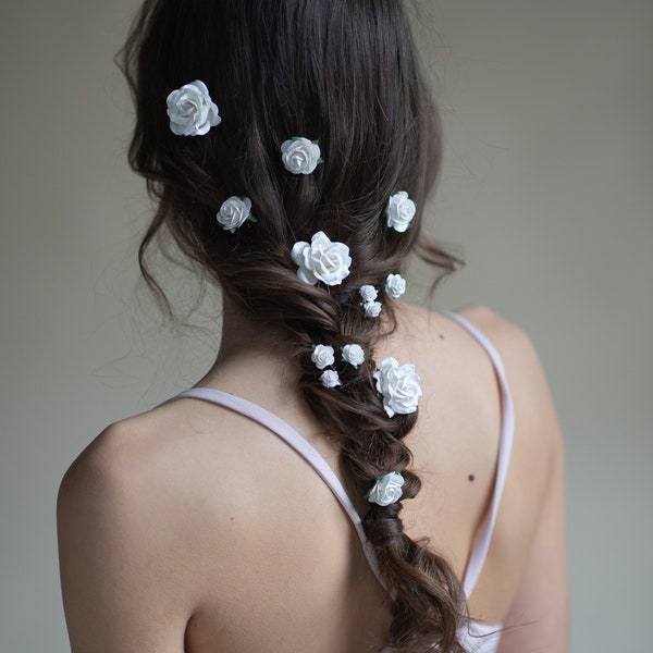 White rose hairpins Bridal hair pins Wedding accessories White hair flowers Single flower hair clips Bride to be Magaela Bridal Hairstyle