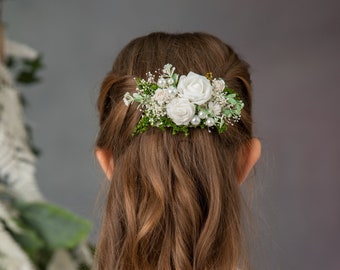 Clip de primera comunión con rosas y perlas Peine de pelo de flores Barrette clip de flores Flor niña Accesorios nupciales Tocado de flores blancas