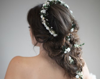 Romantic bridal half wreath and hairpins Wedding accessories Bridal hair jewellery White and green hair pins Wedding flower crown Magaela