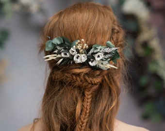 Peigne à cheveux en fleur d'anémone Coiffe de mariage de verdure Peigne à fleurs vertes et blanches Peigne à cheveux en feuilles d'eucalyptus Accessoires pour cheveux de mariée Magaela