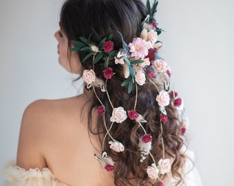 Romantic wedding hair vine Bridal headpiece with roses Bridal jewellery Braided hair vine Hanging vine Magaela Customisable Bridal headpiece