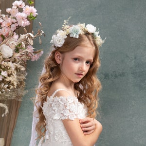 Flower boho crown Hair wreath with veil White cream blue wreath Bridal crown First holy communion wreath Romantic flower crown Magaela