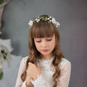 First holy communion flower crown White roses hair wreath Wedding accessories Communion hair accessories Flower headpiece for girl Magaela image 1