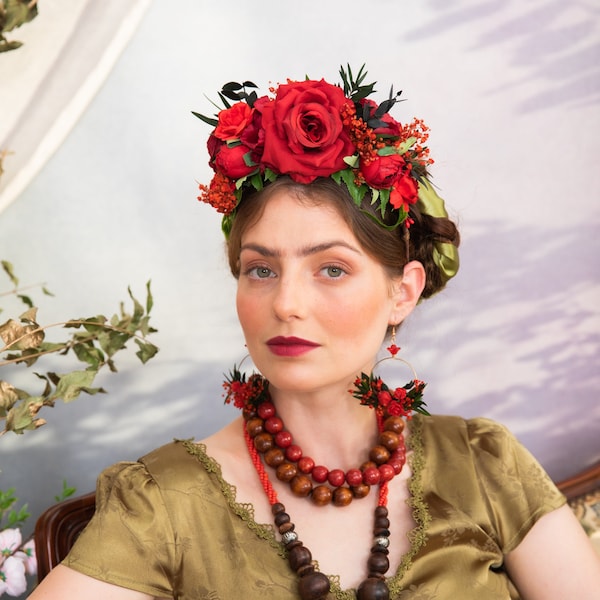 Diadema roja de Frida Kahlo Diadema de flor de boda flamenca Día de muertos Corona de pelo de flor de novia roja Diadema de Magaela Halloween mexicana