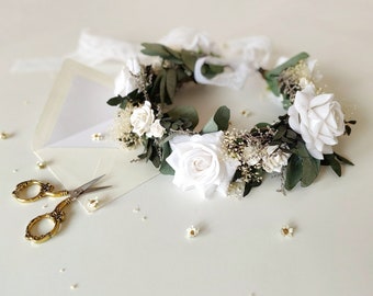 Eucalyptus bridal hair wreath Eucalyptus and white roses crown Greenery wedding Boho flower crown Fairycore Flower boho wreath Bride to be