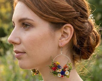 Folk Flower Circle Dangle Earrings: Dried Floral Bridal Jewelry