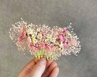 Pink romantic dried flower comb Blush and ivory wedding hair comb Dried baby's breath bridal comb Magaela accessories Wedding mini hair comb