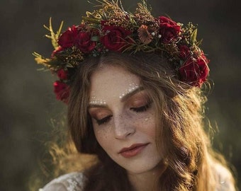 Red wedding half wreath Burgundy wedding half wreath Bridal hair crown Wedding accessories flower crown for bride Boho bridal crown Magaela