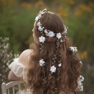 White flower hair wreath with vines Bridal hair crown Romantic braided hair wreath White bridal headpiece Hair jewelry Wedding 2021 Magaela