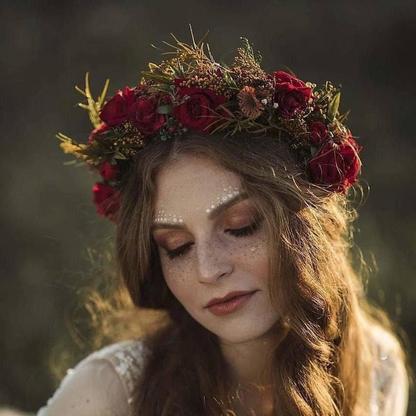 Red wedding half wreath Burgundy wedding half wreath Bridal hair crown Wedding accessories flower crown for bride Boho bridal crown Magaela
