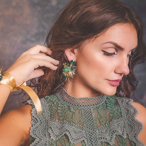 Glamour elegant earrings in emerald and golden colours Bridal flower earrings Wedding earrings Handmade Wedding jewelry Magaela accessories