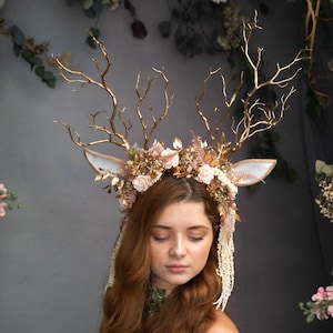 Fairytale Crown With Deer Antlers Pink Flower Crown Horns - Etsy