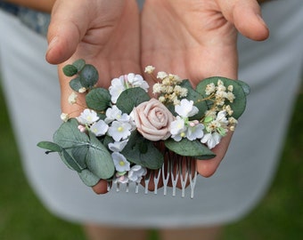 Blush and ivory flower hair comb Wedding hair comb Bridal accessories Pink flower comb Flower hair comb Greenery flower comb Magaela Natural