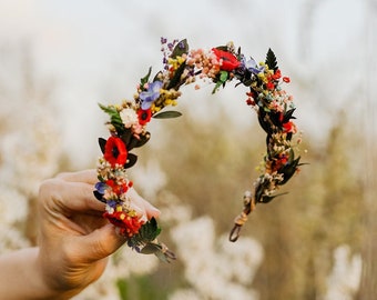 Meadow flower half wreath Bridal hair flower Colourful wedding crown Half wreath with poppy flowers Wedding hair accessories Magaela