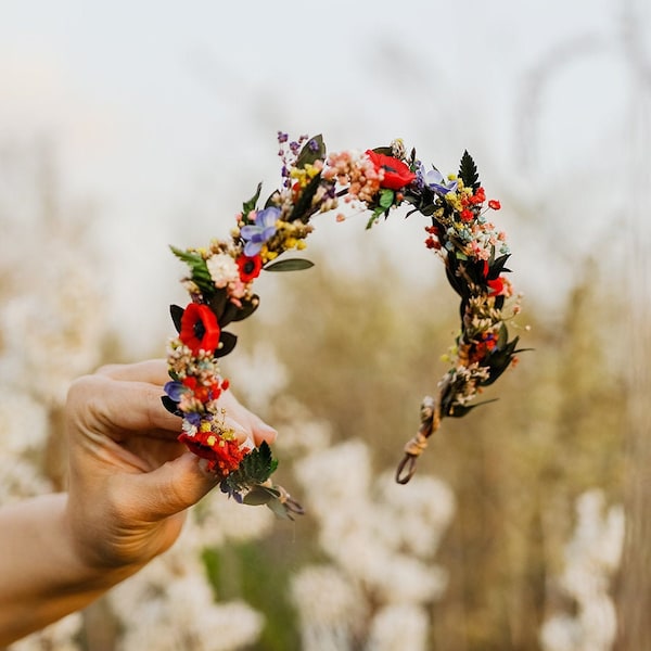 Meadow flower half wreath Bridal hair flower Colourful wedding crown Half wreath with poppy flowers Wedding hair accessories Magaela