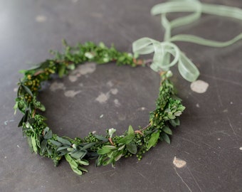 Greenery wreath with preserved leaves and ribbon Natural floral crown Wedding accessories Hair accessories hair piece  natural style wreath