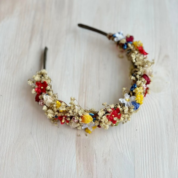 Folklore Blumen Stirnband slawische Hochzeit Kopfschmuck gelb rot blau Haarband Braut Haarschmuck Schleierkraut Krone Wiesen Haarband Magaela