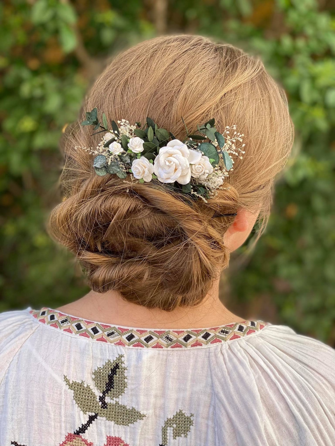 Romantic greenery hair comb Bridal flower comb with roses image 4