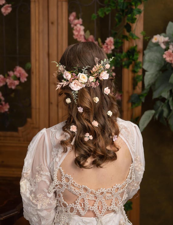 Blush Floral Bridal Hair Vine: Rustic Wedding Veil, Cottagecore