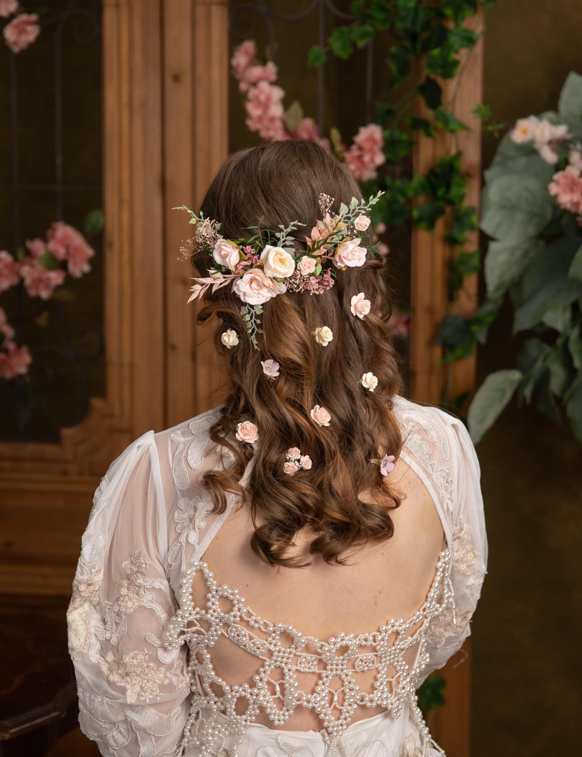 Blush Floral Bridal Hair Vine: Rustic Wedding Veil  display picture 2