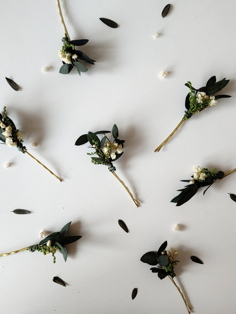 Greenery hairpins Baby's breath eucalyptus hair pins Wedding headpiece Green Bridal pins Bride to be Natural ivory hairpins Customisable image 8