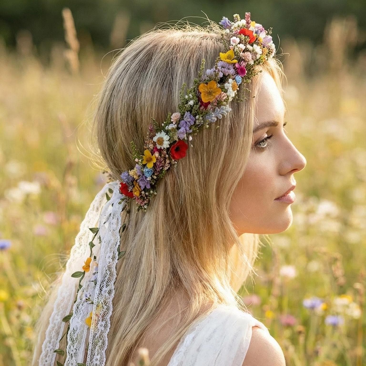 Boho Flower Crown With Veil: Romantic Meadow Bridal Headpiece