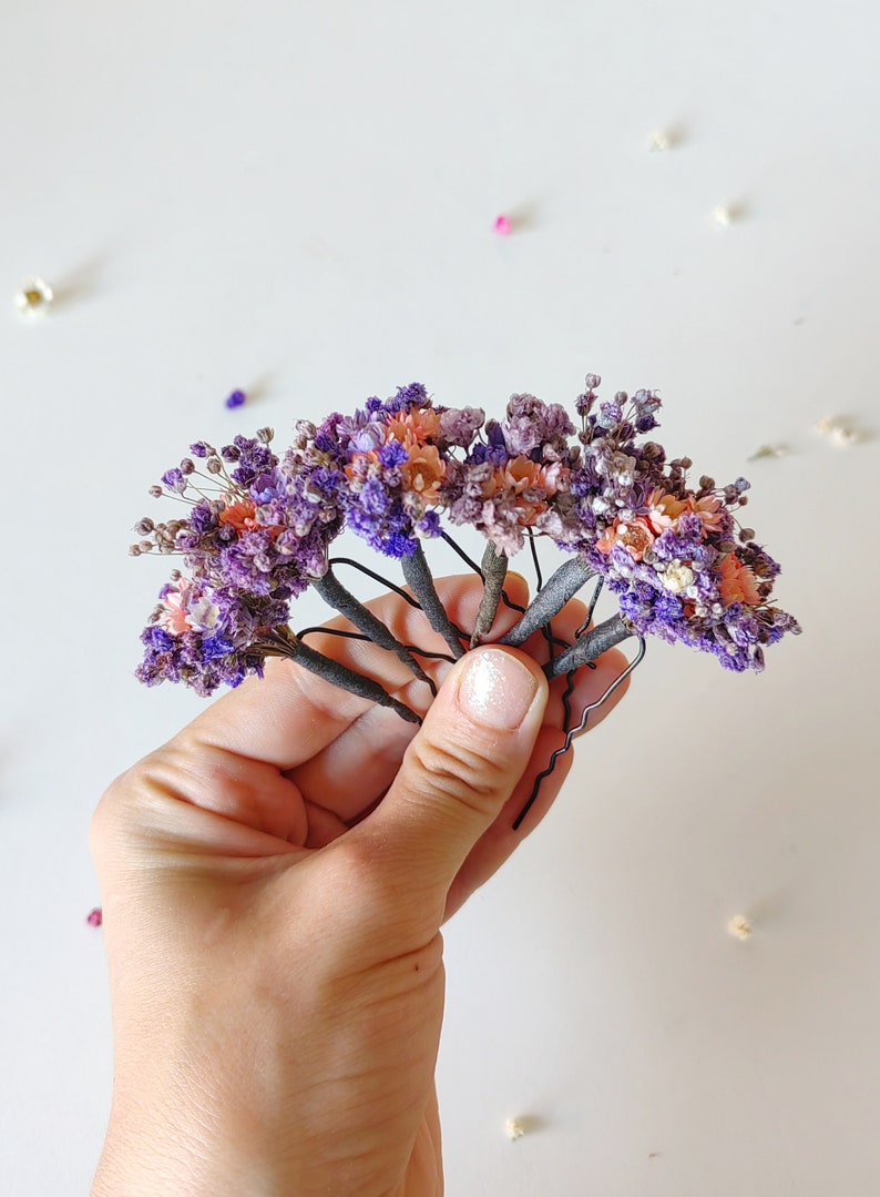 Purple flowers dried hairpins Lilac and pink baby's breath flower clips Romantic violet wedding Bridal flower hair pins Bridal hair Magaela image 7