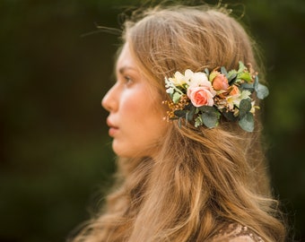 Peach flower hair comb Wedding flower accessories Magaela flower comb Apricot hair comb Greenery bridal comb Hochzeit haarkaam Handmade