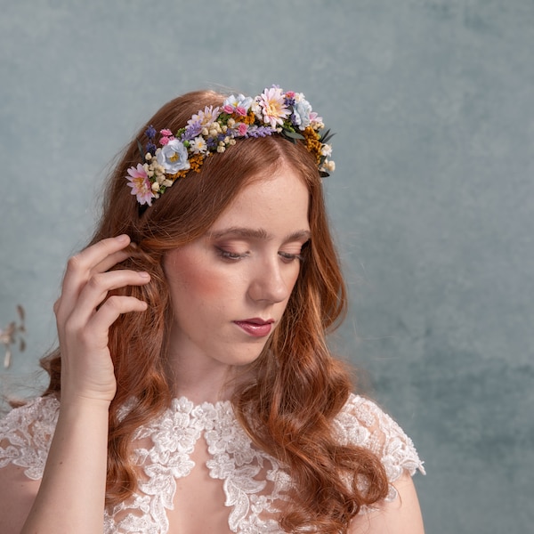 Meadowy flower headband Lavender Bridal hair crown Meadow flowers Wild flowers crown Magaela  Bridal accessories Lavender crown Bridal crown