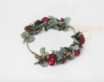 Eucalyptus flower wreath Burgundy roses hair crown Wedding flower wreath Baby's breath Magaela accessories Wedding hair crown Handmade