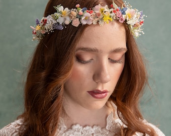 Meadow colorful hair crown Bridal flower hair wreath Wild flowers headpiece Wildflowers bridal crown Garden wedding accessories Magaela