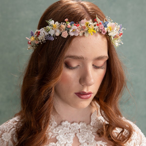 Meadow colorful hair crown Bridal flower hair wreath Wild flowers headpiece Wildflowers bridal crown Garden wedding accessories Magaela