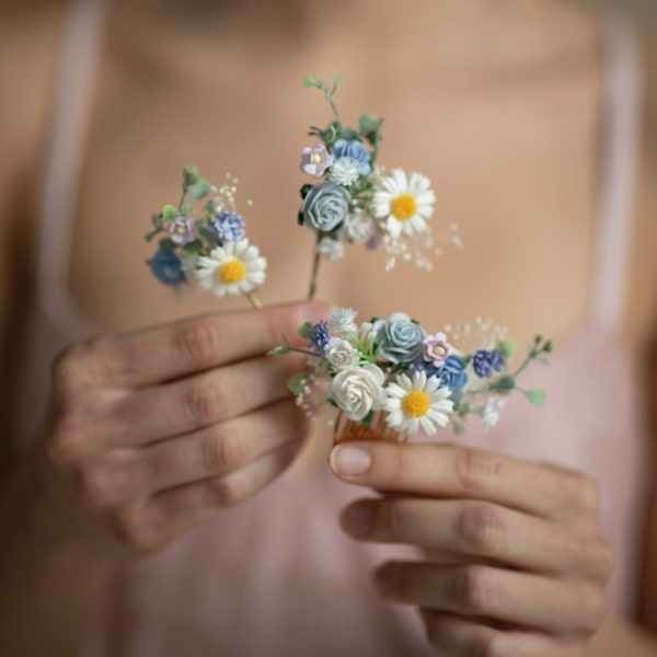 Ensemble de fleurs de prairie Peigne à cheveux daisy Fleurs de cheveux de mariée Épingles à cheveux en marguerite Mariage Meadowy Peigne à cheveux bleu pastel Accessoires de mariage romantiques