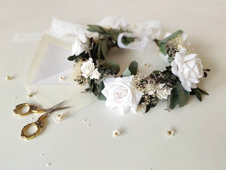 Eucalyptus bridal hair wreath Eucalyptus and white roses crown Greenery wedding Boho flower crown Fairycore Flower boho wreath Bride to be image 1