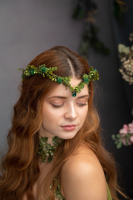 Green Flower Elf Tiara: Woodland Wedding Fairy Crown - Etsy display picture 1