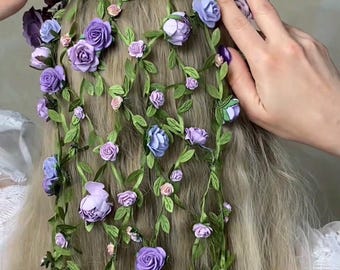 Purple Flower Headband with Veil: Boho Bridal Headpiece