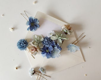 Set of hairpins Flower hairpins Blue flowers Mint flowers Boho wedding Bridal hairstyle Flower hair Hippie style Summer wedding Bride to be