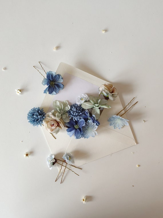 Blue Flower Hairpins: Boho Wedding Hair Accessories, Set of 14