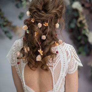 Rustic wedding Bridal hair vine with flower veil Autumn wedding Cottagecore hairstyle Vintage wedding Bridal hair Flower veil Magaela Bride image 4