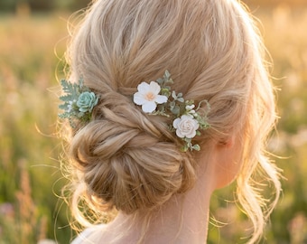 Sage Green Floral Hair Pins: Bridal White Rose Hair Accessories